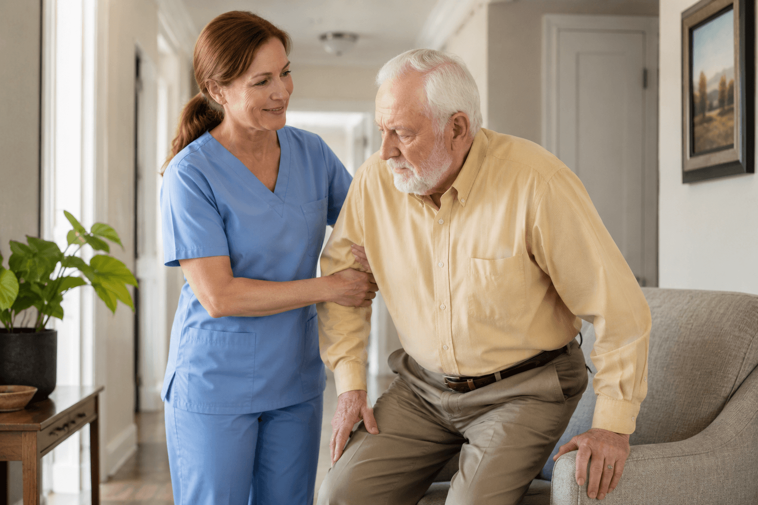 Caregiver helping a senior resident stand up during daily personal care at an assisted living community in Royal Palm Beach, FL