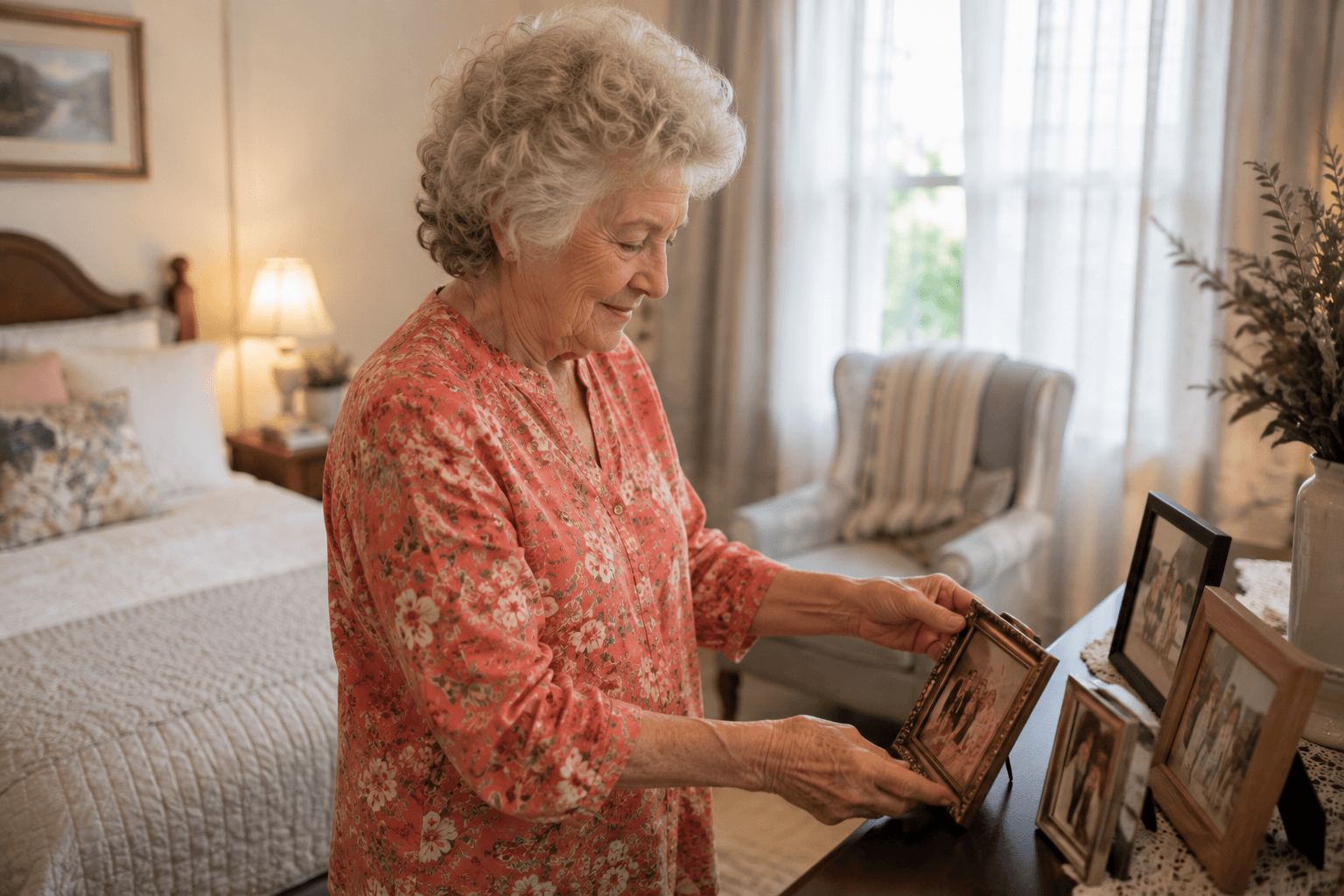 Senior resident arranging family photos in her private apartment at Bella Mar at Royal Palm Beach