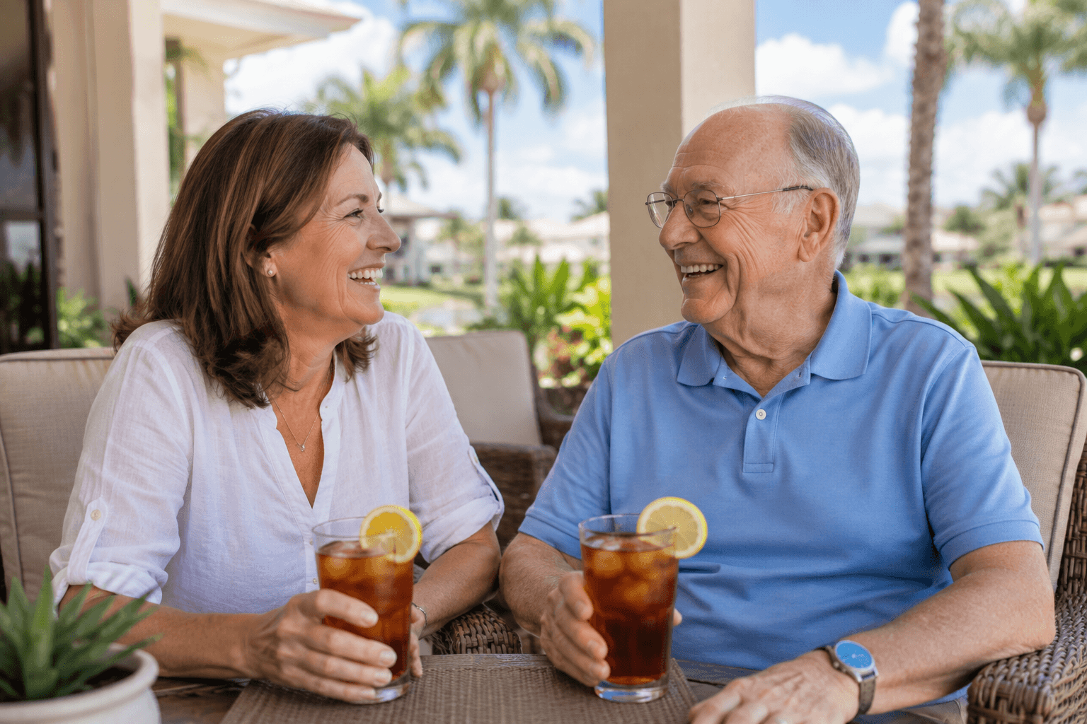 Senior resident sharing iced tea with his adult daughter on a palm-shaded patio in Royal Palm Beach, FL