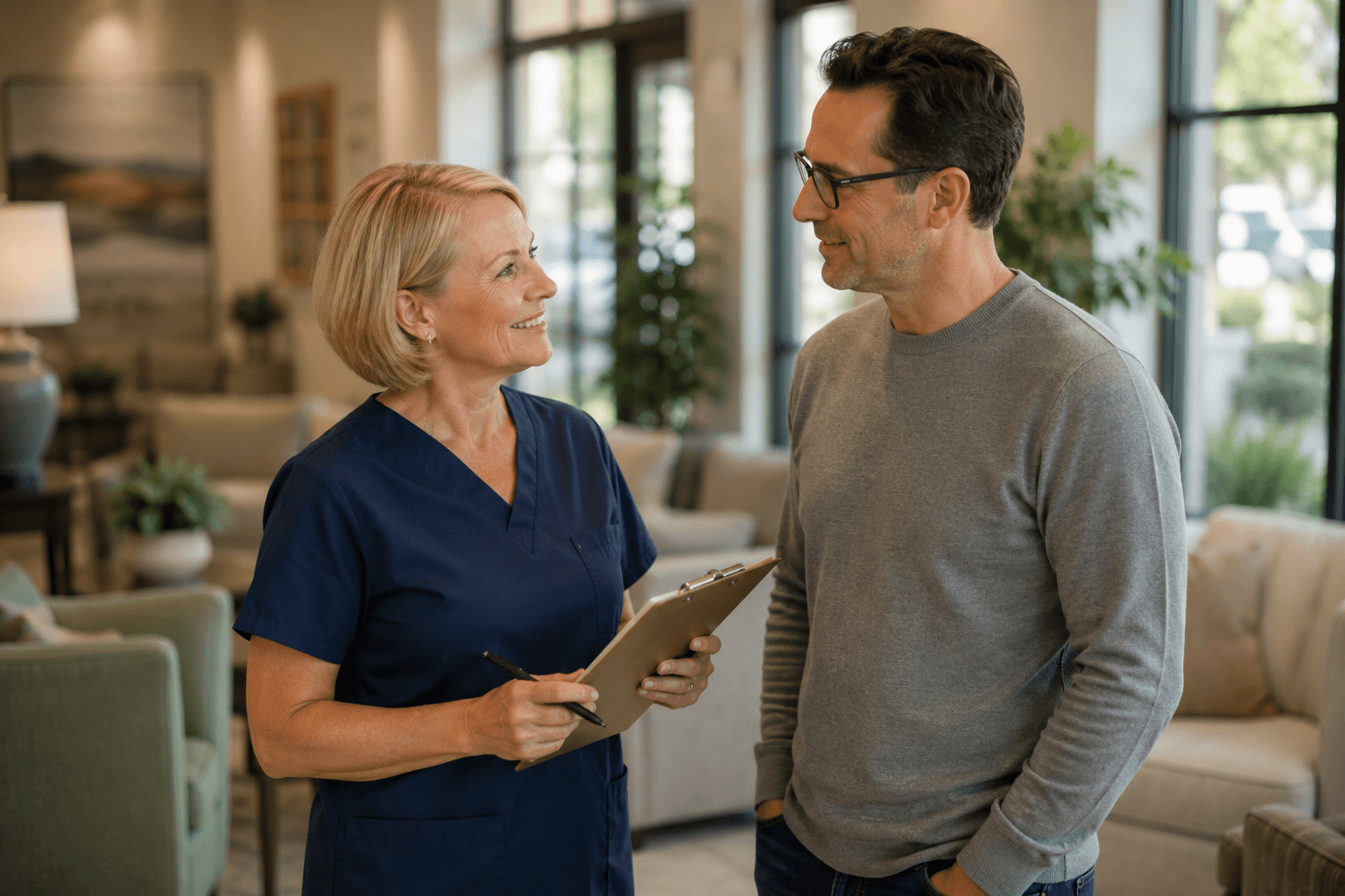 Nurse updating a family member about a loved one's care at an assisted living community in Royal Palm Beach, FL