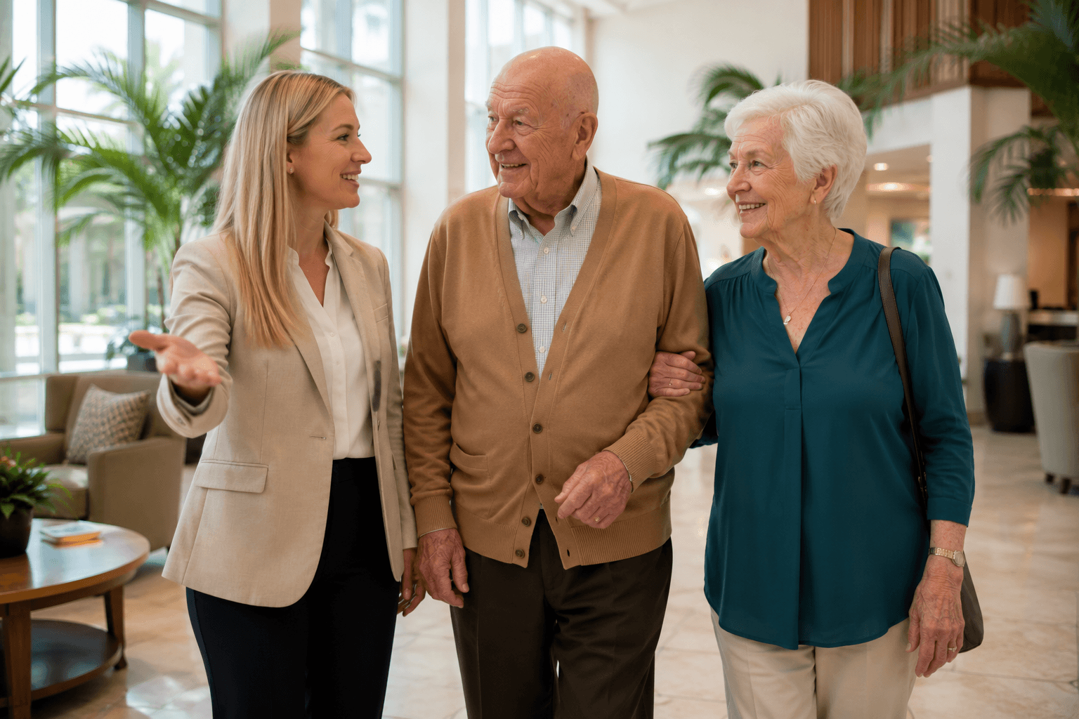Team member welcoming a senior couple on a tour of Bella Mar at Royal Palm Beach assisted living community