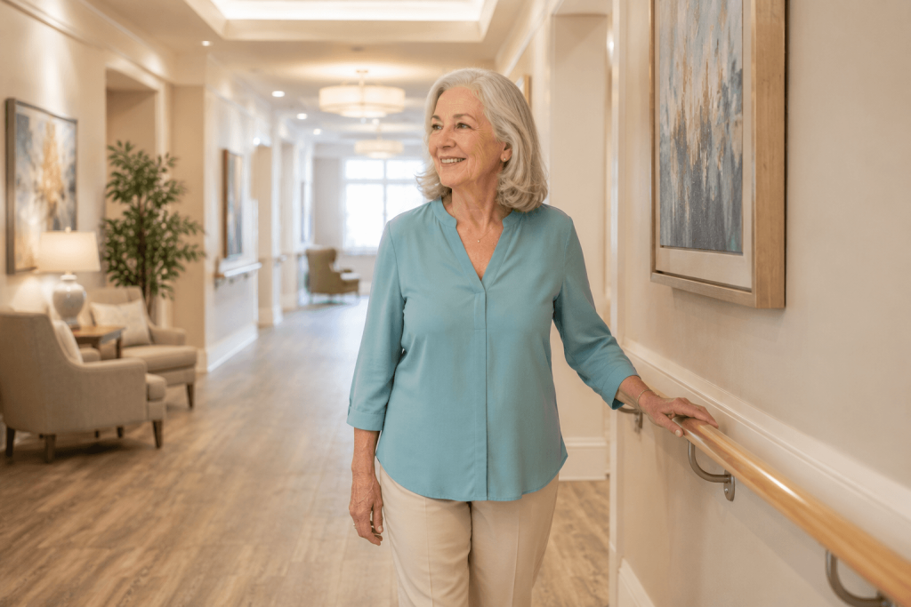 Senior woman walking along a wide, well-lit hallway with a handrail in a senior living community