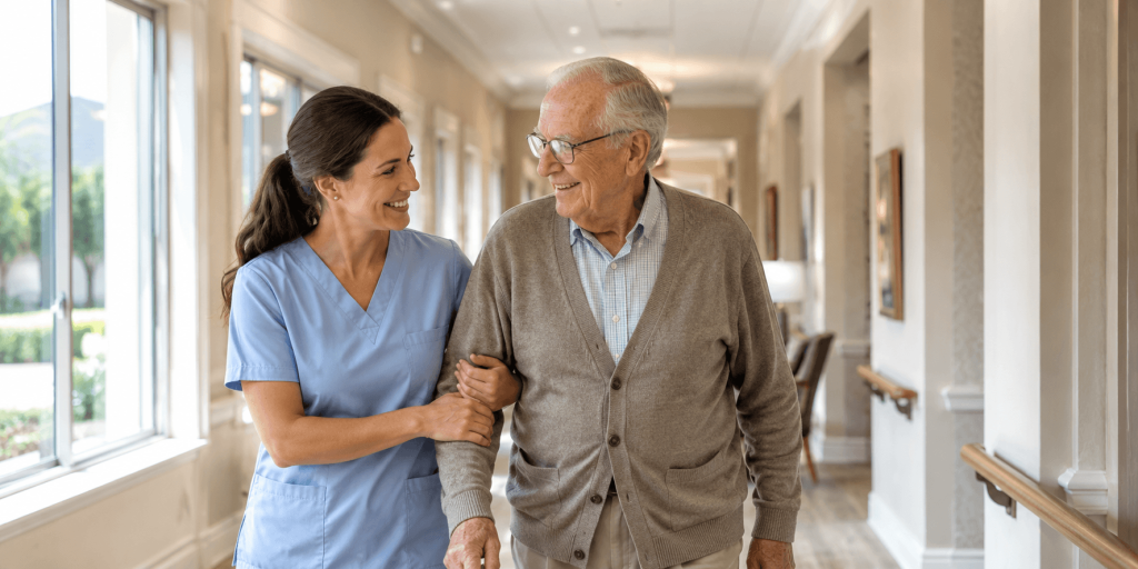 Caregiver walking beside a senior resident in a bright hallway at Bella Mar at Royal Palm Beach