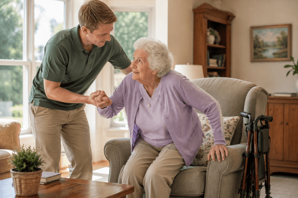 Care team member helping a senior woman stand up safely from an armchair