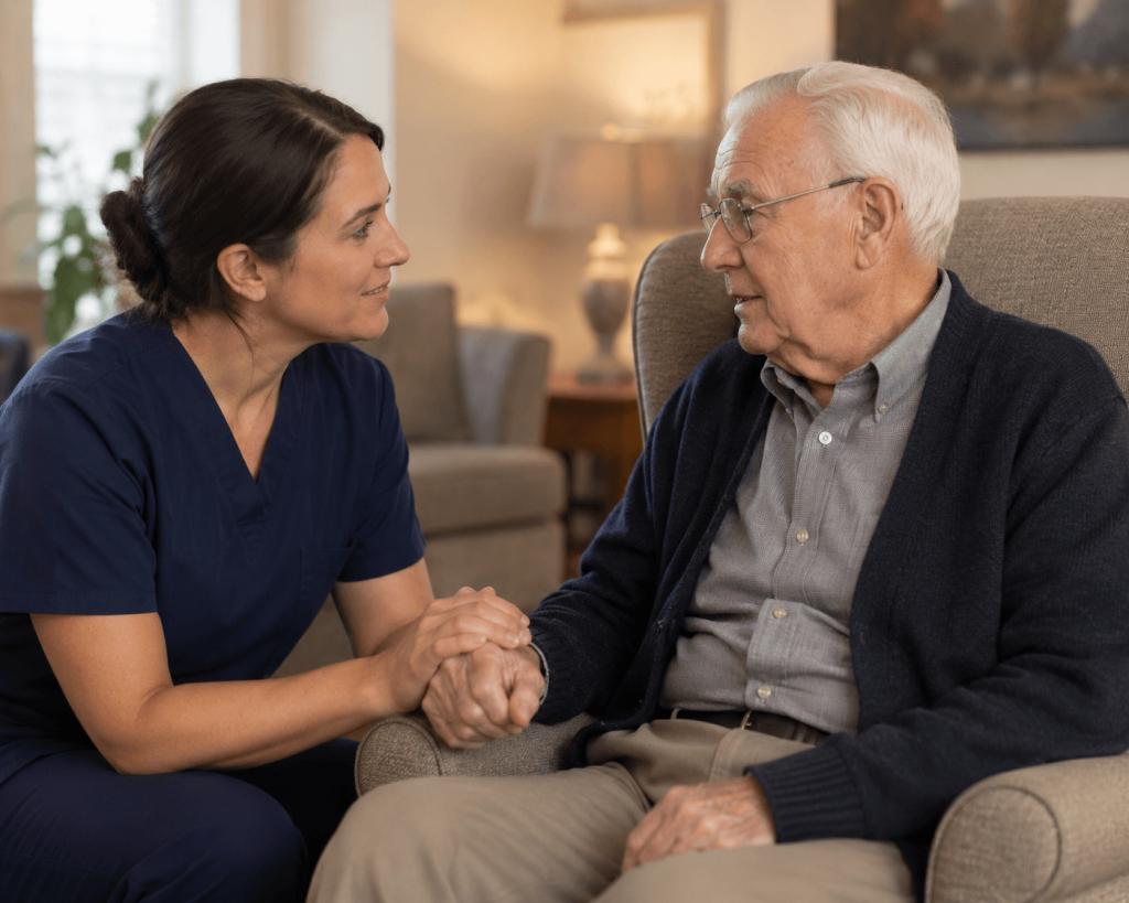 Memory care caregiver in navy scrubs speaking gently with an elderly gentleman in a quiet common area