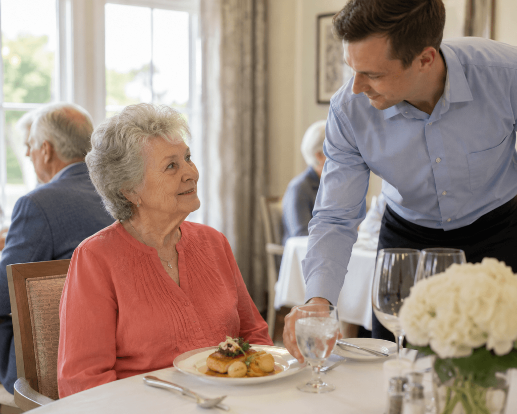 Elderly resident enjoying a restaurant-style meal at a set dining table with a staff member assisting nearby