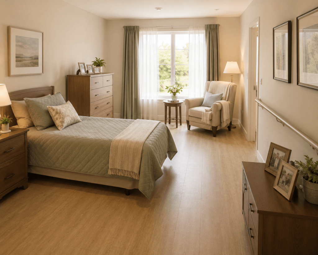 Bright private memory care apartment with a bed, armchair, and wide clear walkway for easy navigation