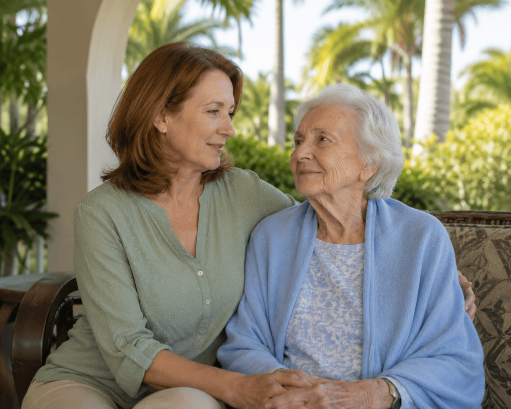Adult daughter visiting her elderly mother on a shaded outdoor patio at a Royal Palm Beach senior community
