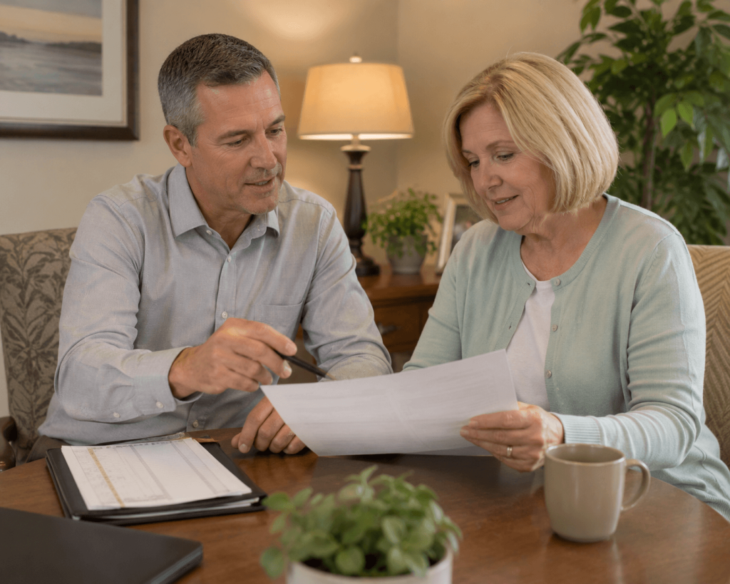 Memory care director reviewing a personalized care plan with a family member at a small table