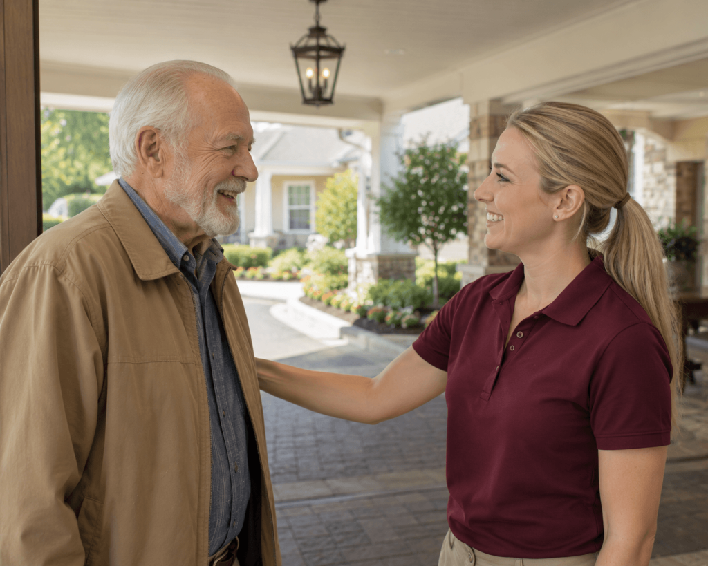 Smiling senior gentleman being welcomed at the front entrance of a memory care community during a tour