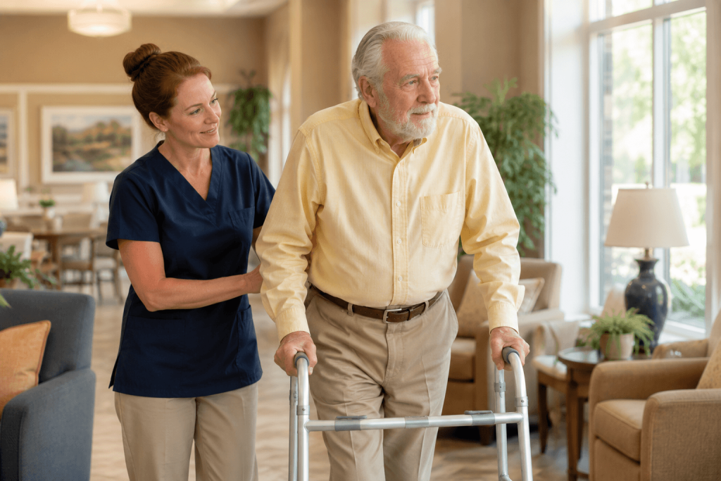 Senior man using a walker with a caregiver steadying him during a short walk
