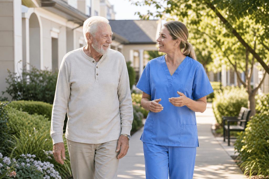 Senior man walking with a staff member along a garden path at Bella Mar Royal Palm Beach