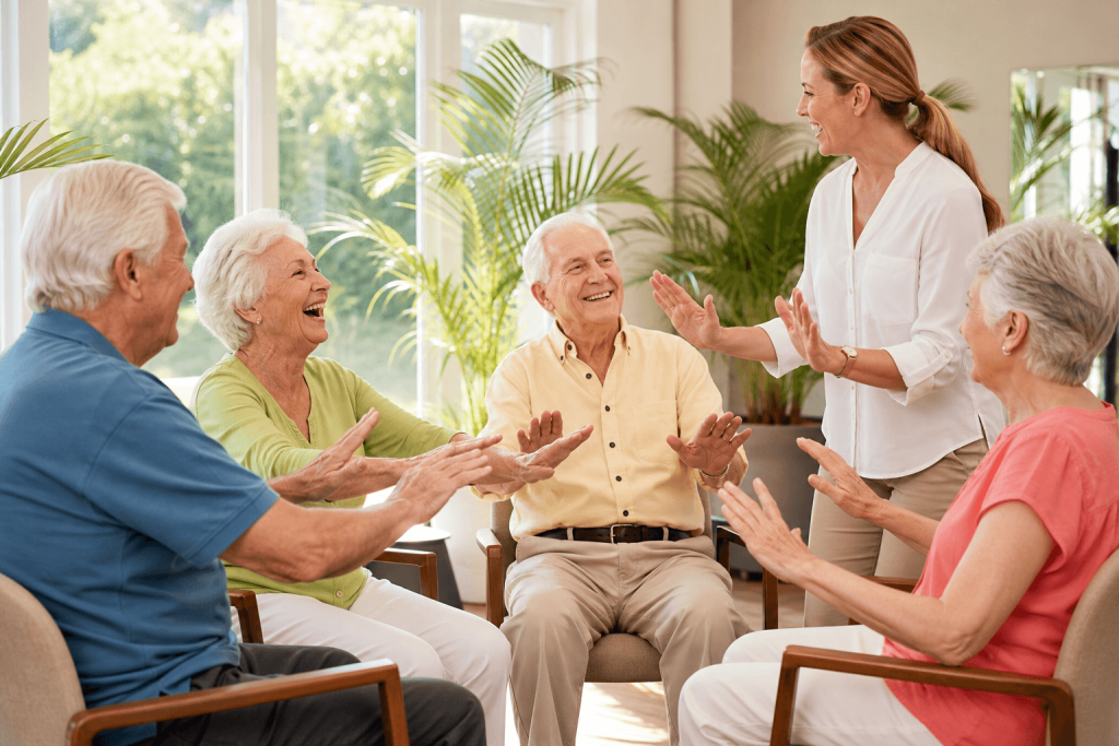 Group of seniors taking part in a daily wellness activity session