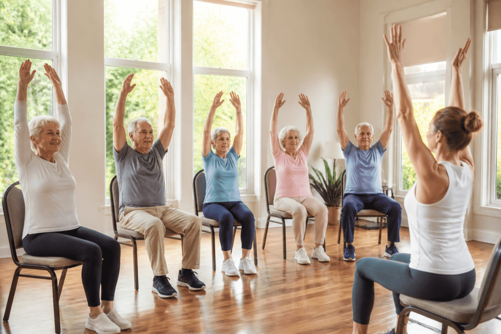 Seniors participating in a chair yoga and stretching class