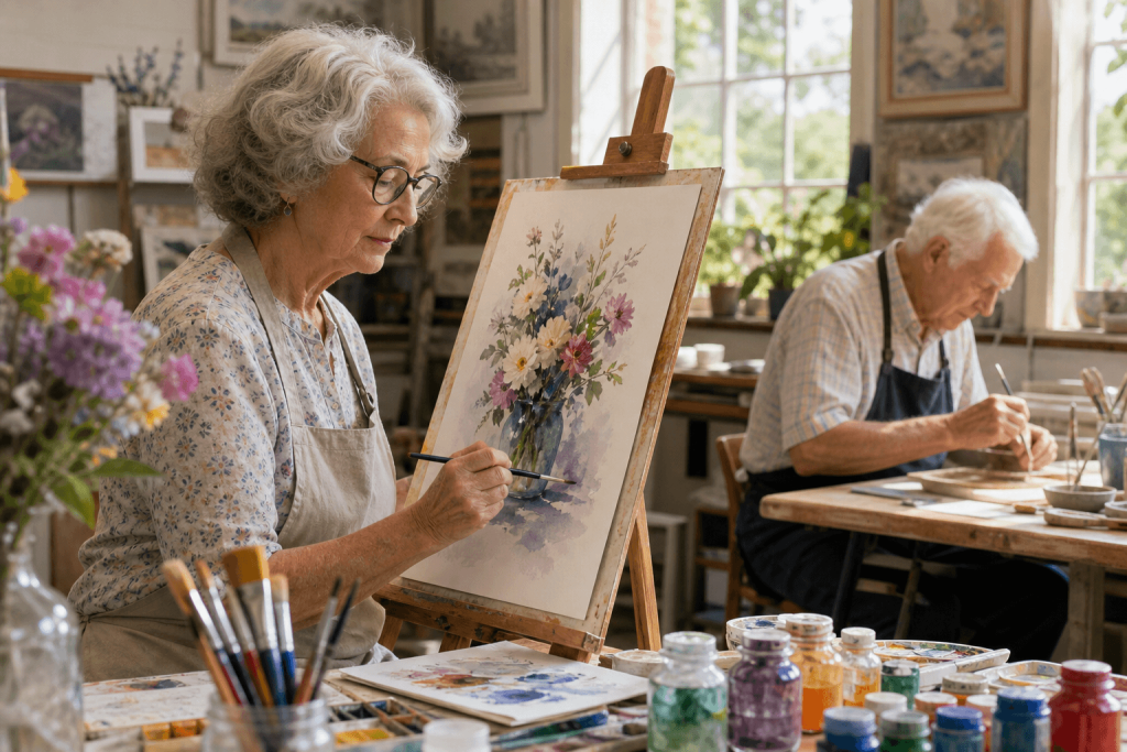 Senior residents painting during a creative arts session