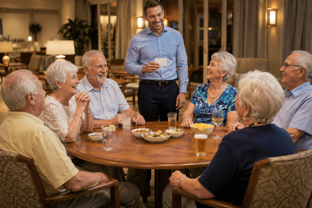 Seniors laughing together during a group trivia and social gathering