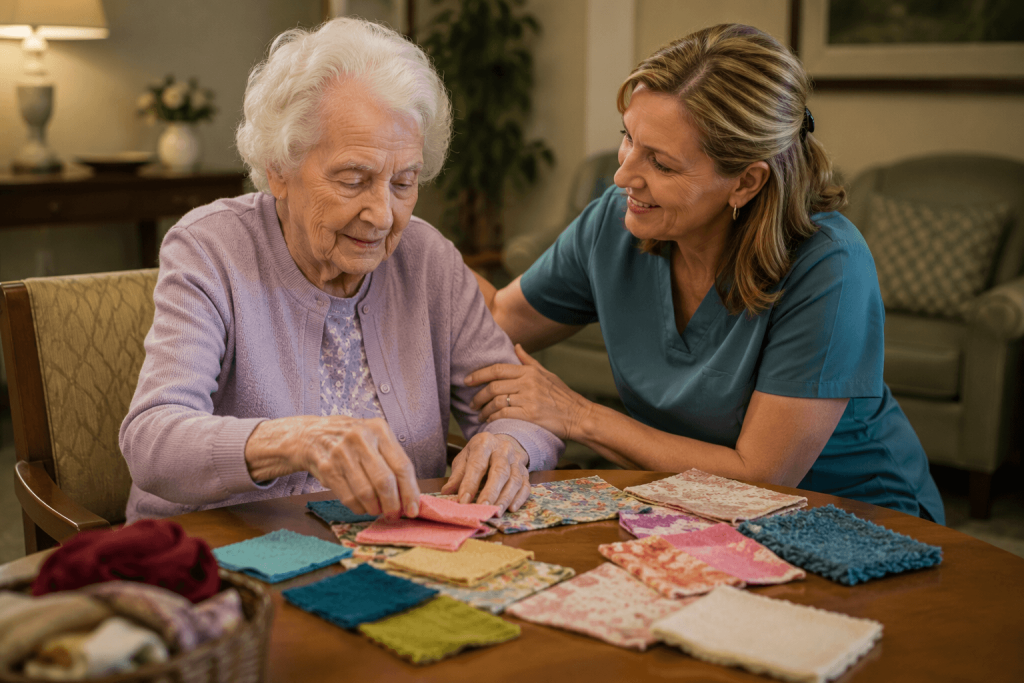 Caregiver guiding a memory care resident through a sensory-based wellness activity
