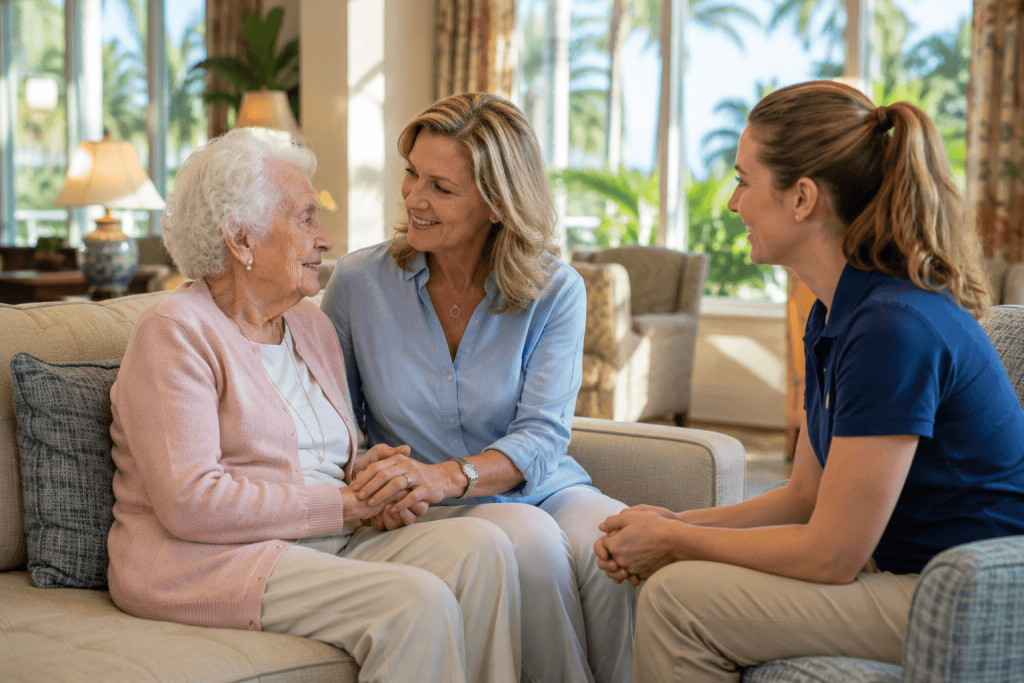 Family member and senior resident meeting with a staff member at Bella Mar Royal Palm Beach